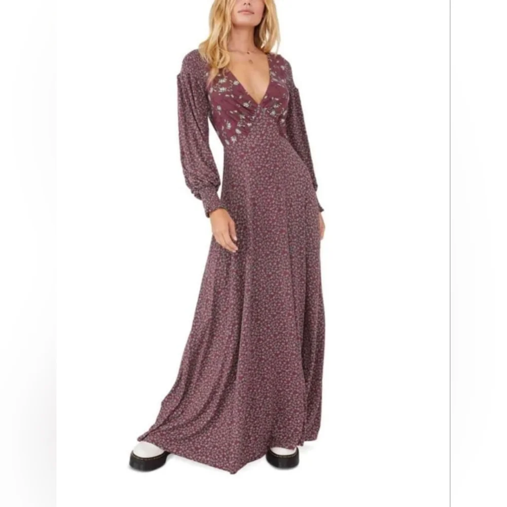 NEW Free People Women Love Story Maxi Dress Raisin Combo Burgundy Brown Floral M - Picture 2 of 16